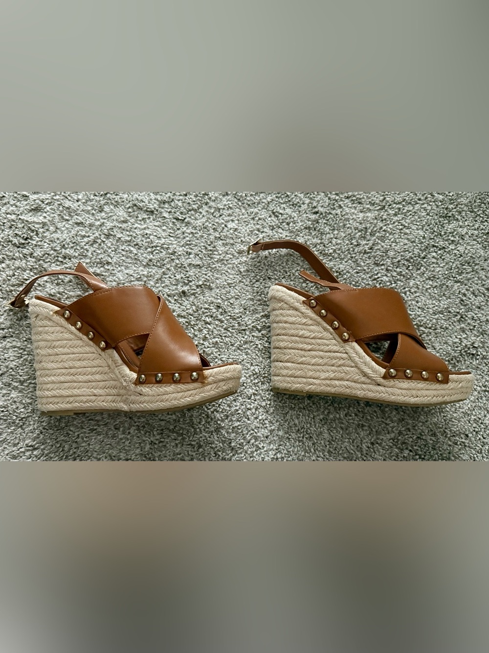 Steve Madden Tan Leather Crisscross Espadrille Wedges With Studs